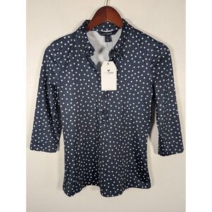 JAYEBIRD Golf Polo Shirt Womens Small Navy White Polka Dot 3/4 Sleeve Stretch